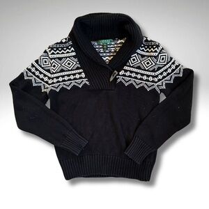 Ralph Lauren Black Fair Isle Shawl Collar Scandinavian Sweater XS • Horn Toggle
